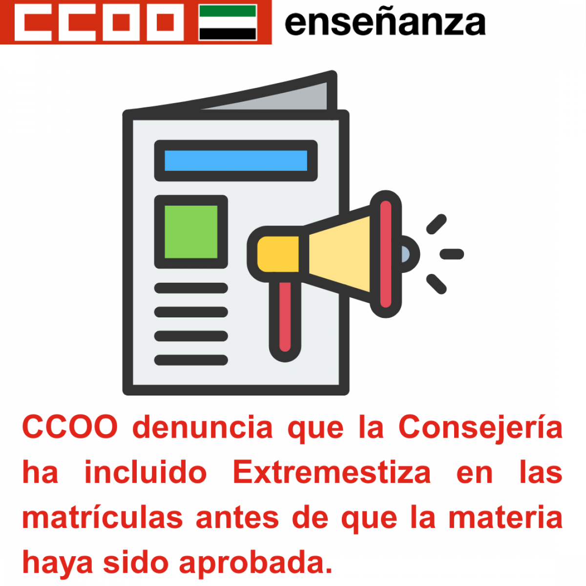CCOO denuncia que la Consejería ha incluido Extremestiza en las matrículas antes de que la materia haya sido aprobada