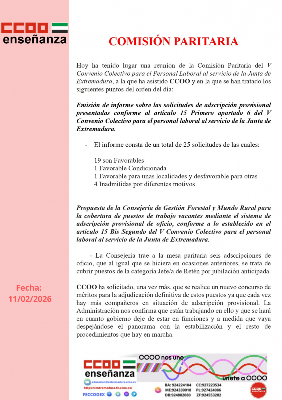 reunión de la Comisión Paritaria del V Convenio Colectivo para el Personal Laboral al servicio de la Junta de Extremadura