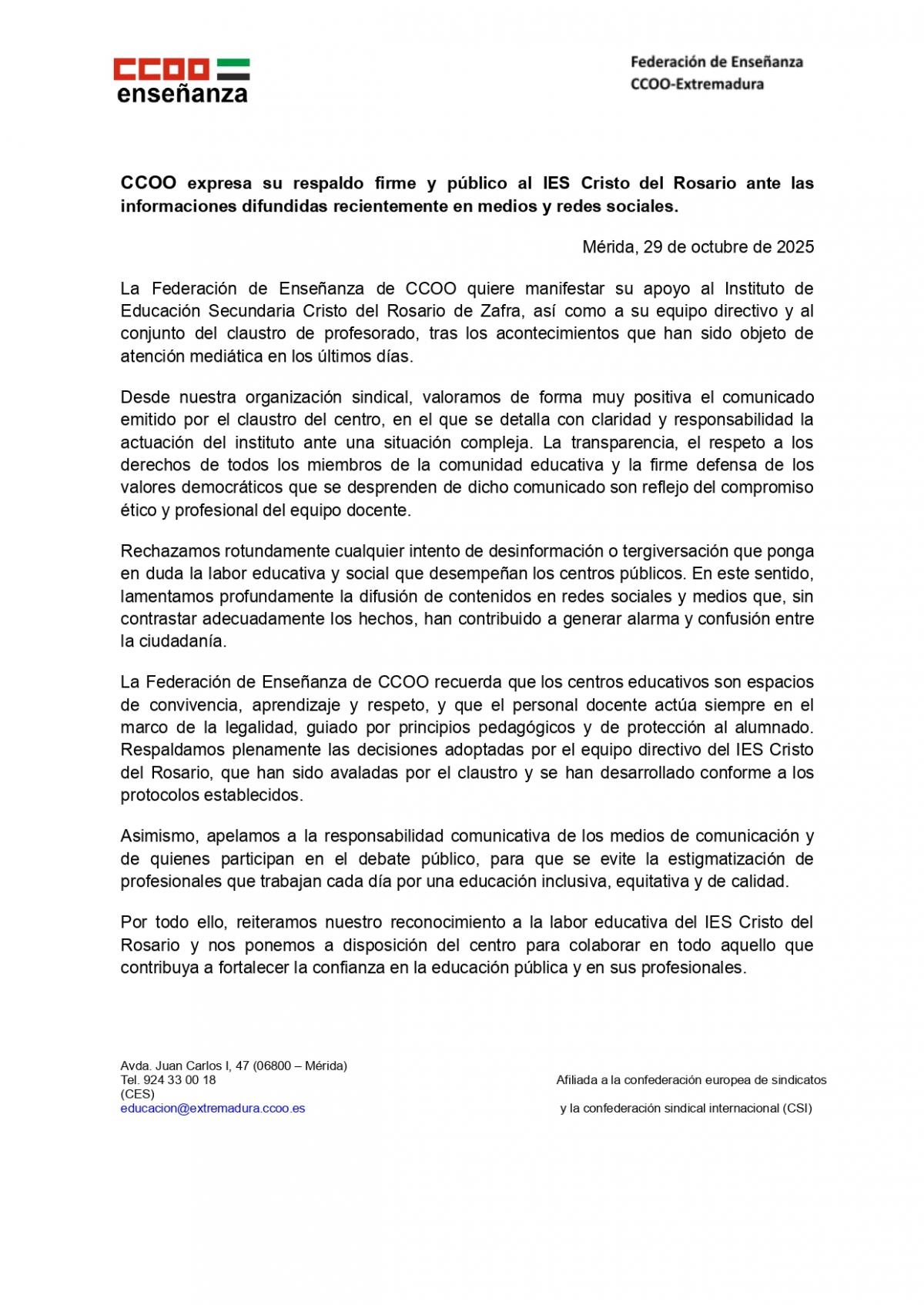 CCOO expresa su respaldo firme y público al IES Cristo del Rosario ante las informaciones difundidas recientemente en medios y redes sociales.
