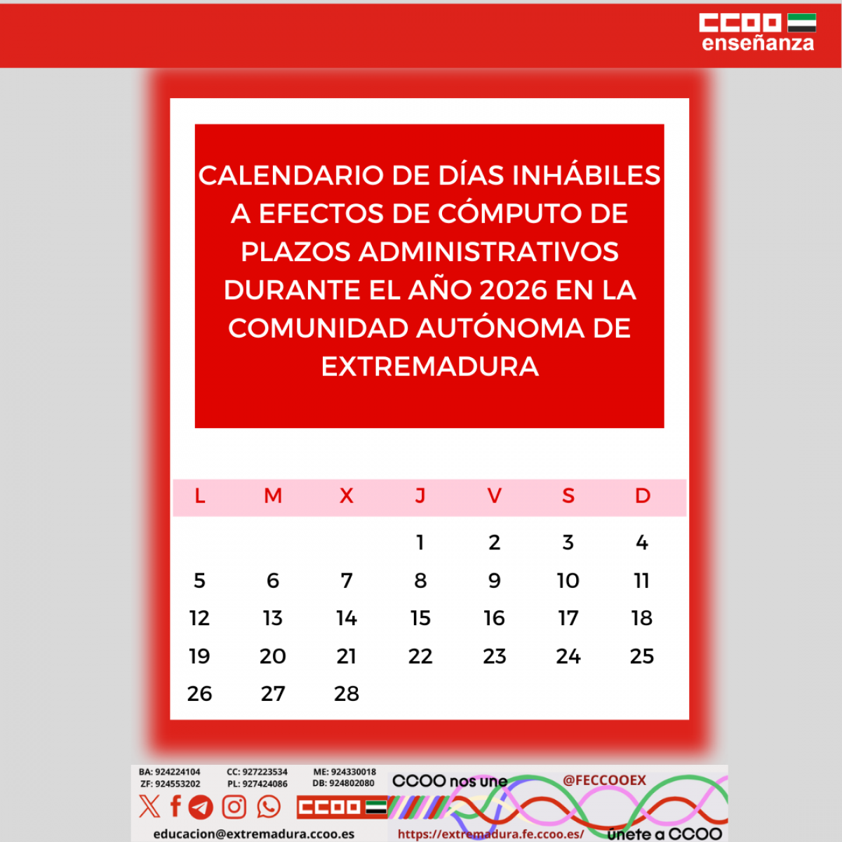 Calendario de días inhábiles a efectos de cómputo de plazos administrativos durante el año 2026 en la Comunidad Autónoma de Extremadura.