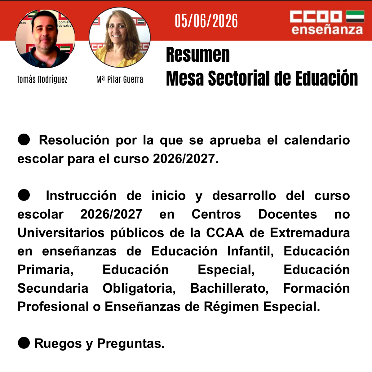 RESUMEN DE CCOO DE LA MESA SECTORIAL DE 05-06-2026.