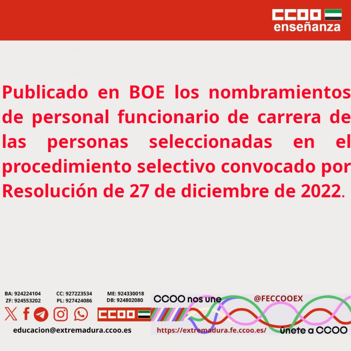Publicado en BOE los nombramientos de personal funcionario de carrera de las personas seleccionadas en el procedimiento selectivo convocado por Resolución de 27 de diciembre de 2022.