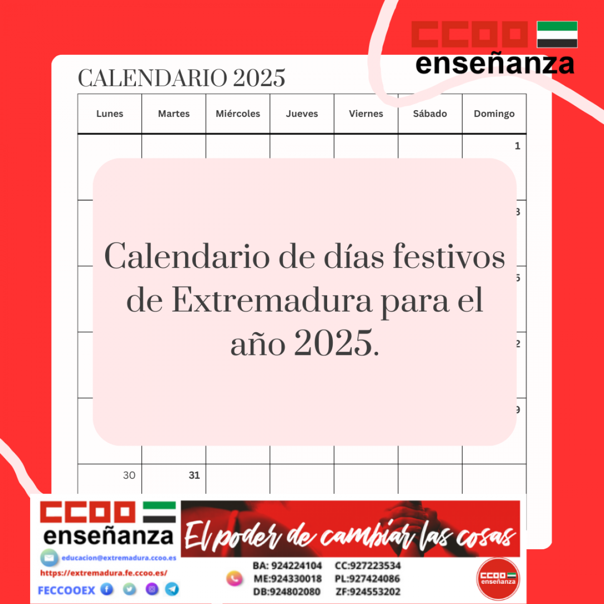Calendario das festivos en Extremadura ao 2025