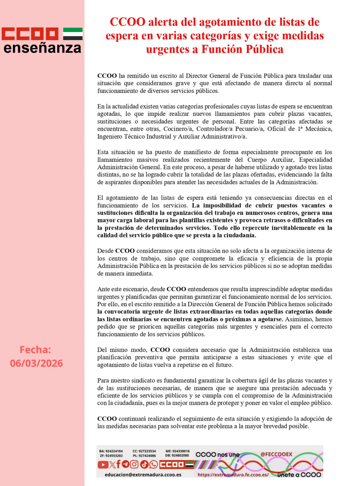 CCOO Alerta del agotamiento de listas de espera en varias categorías y exige medidas urgentes a Función Pública