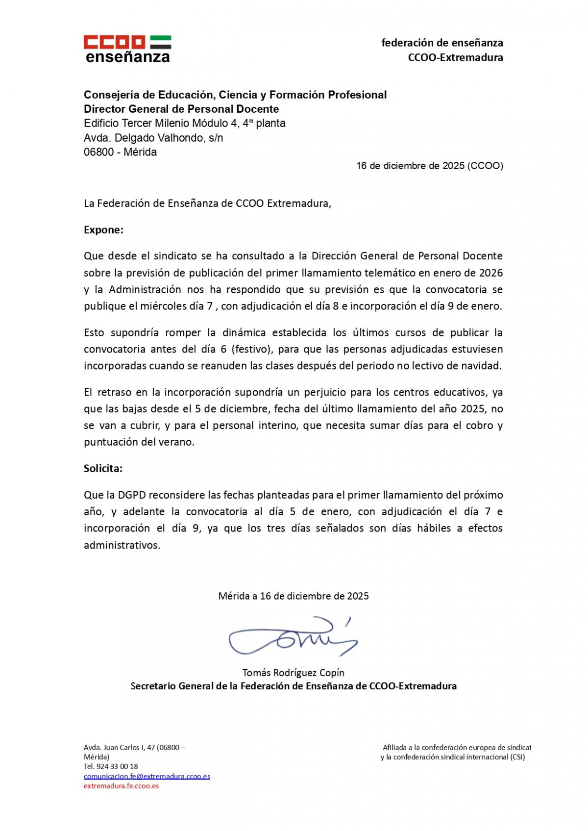 Solicitud de adelanto de llamamiento