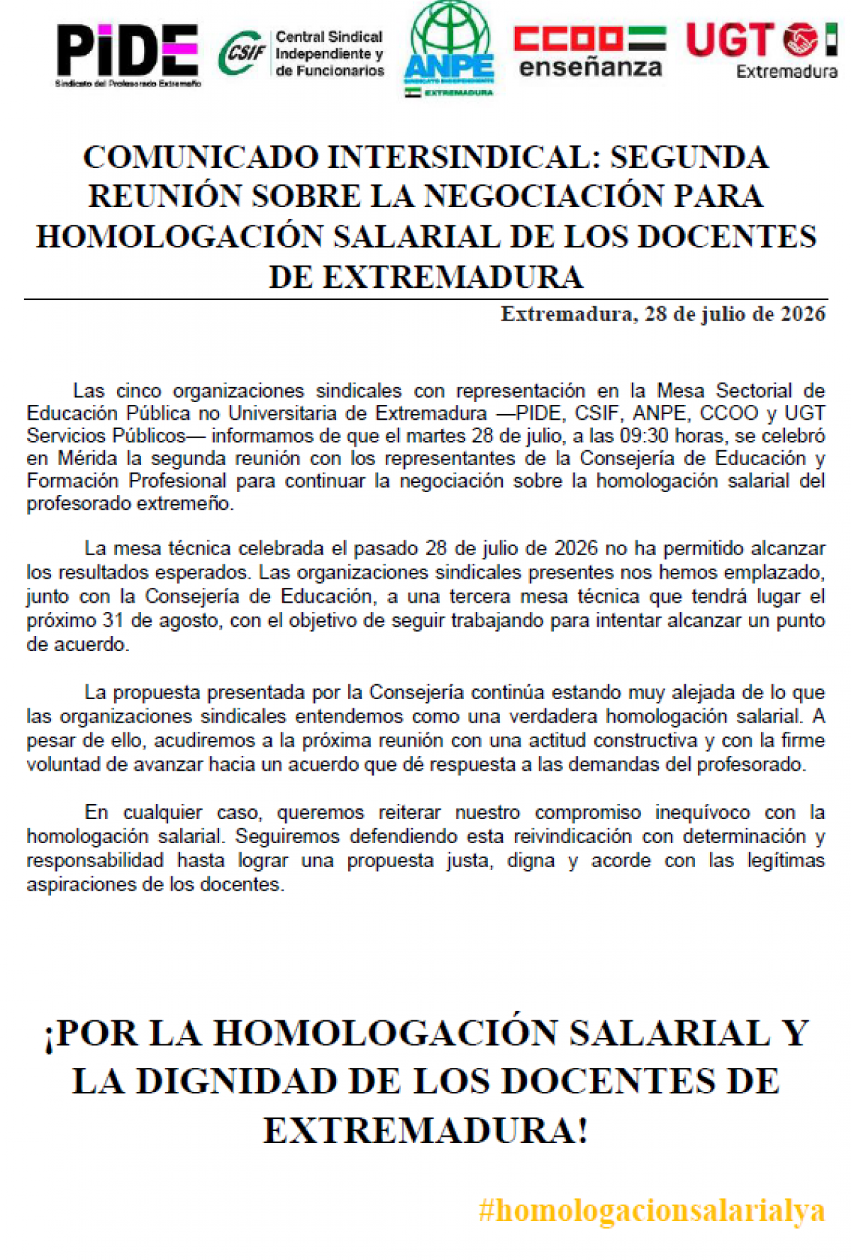 COMUNICADO INTERSINDICAL: SEGUNDA REUNIÓN SOBRE LA NEGOCIACIÓN PARA HOMOLOGACIÓN SALARIAL DE LOS DOCENTES DE EXTREMADURA
