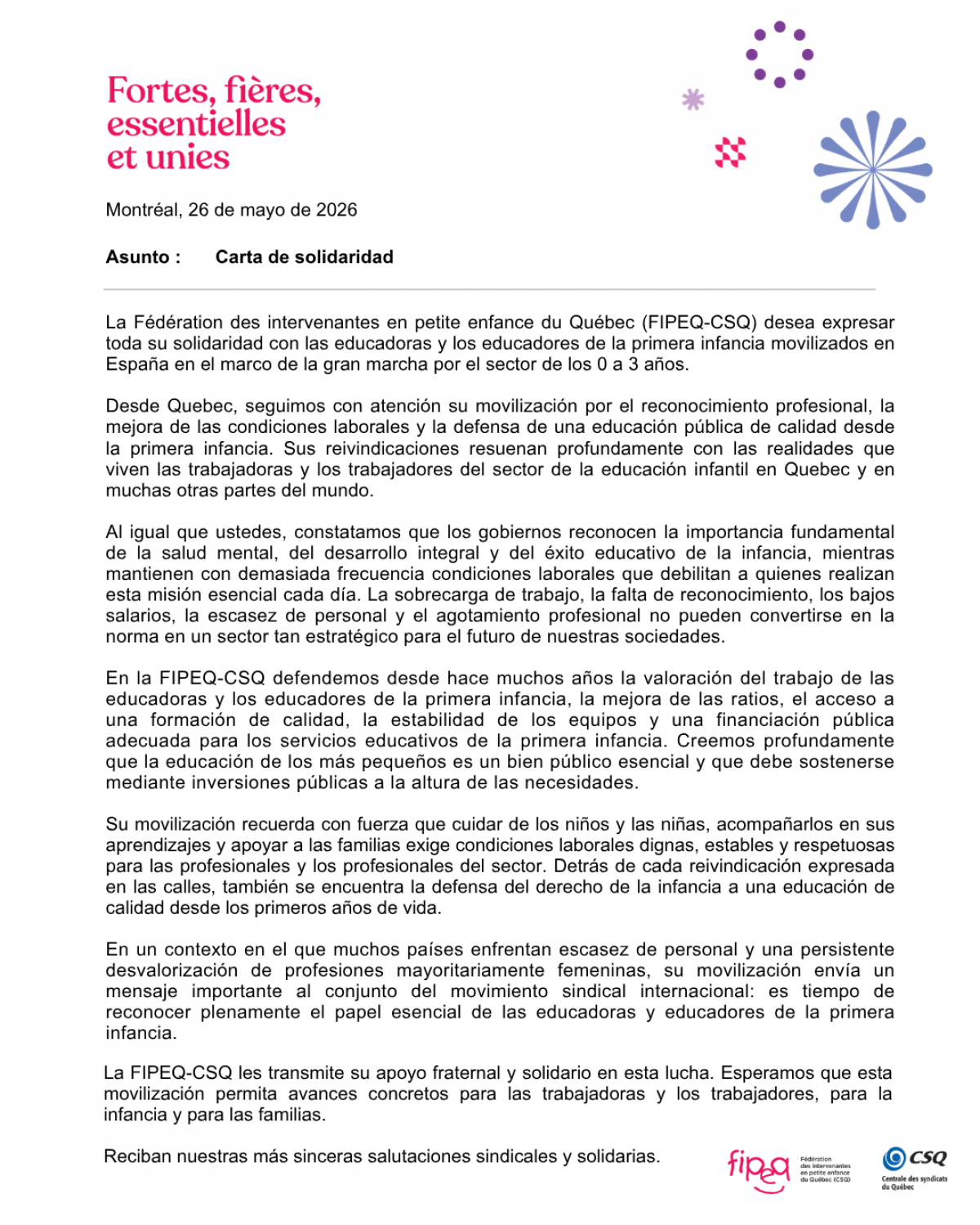 Imagen de la carta de FIPEQ-CSQ a CCOO Enseñanza