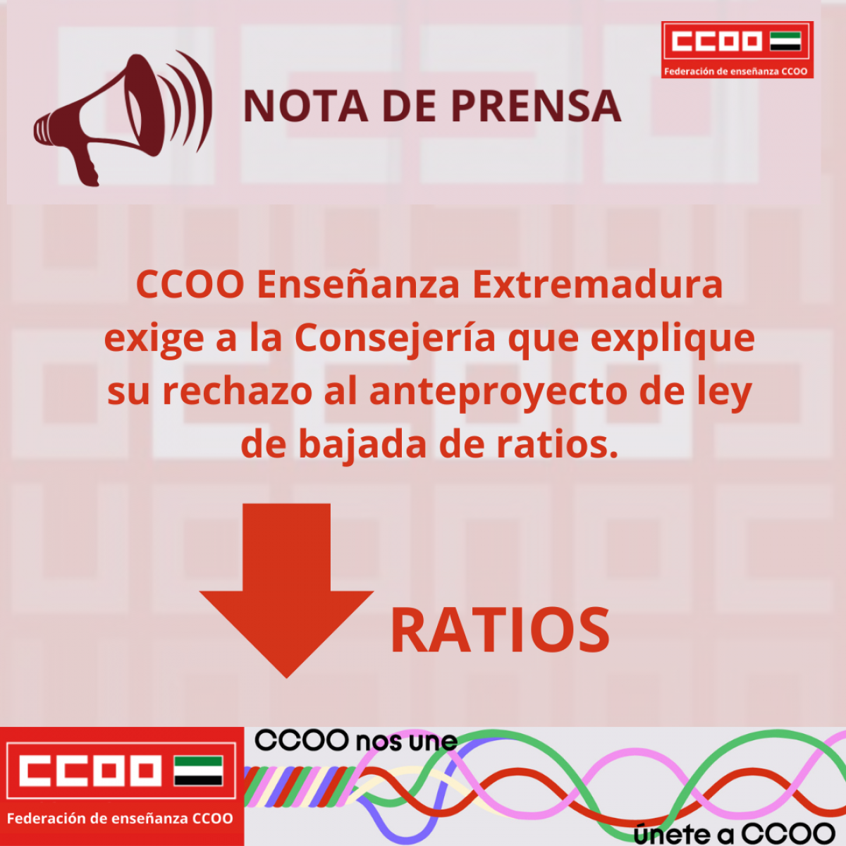 FECCOO Extremadura exige a la Consejería que explique su rechazo al anteproyecto de ley de bajada de ratios