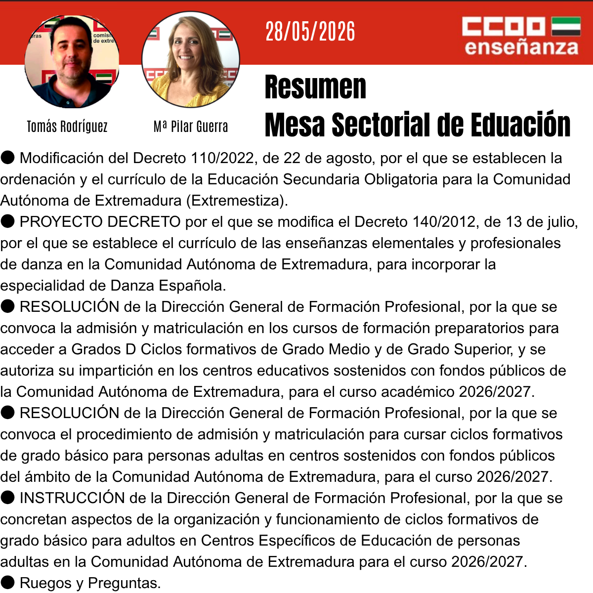 RESUMEN DE CCOO PARA LA MESA SECTORIAL DE 28-05-2026