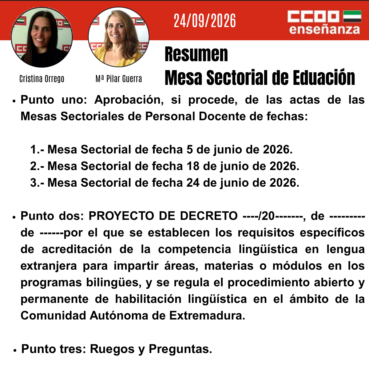 RESUMEN DE CCOO DE LA MESA SECTORIAL DE 24-09-2026