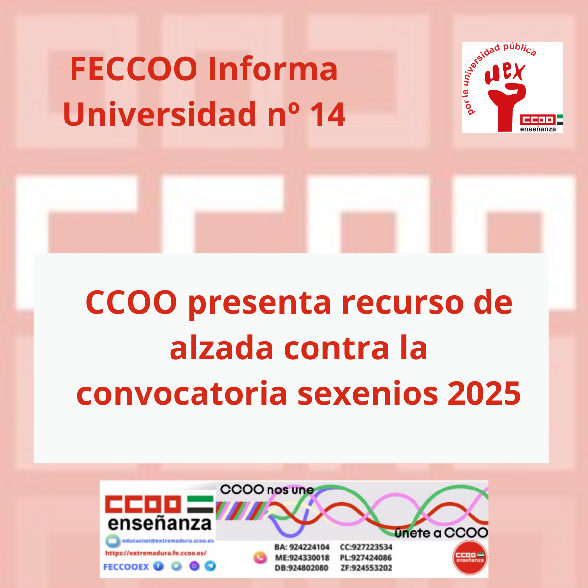 CCOO presenta recurso de alzada contra la convocatoria sexenios 2025