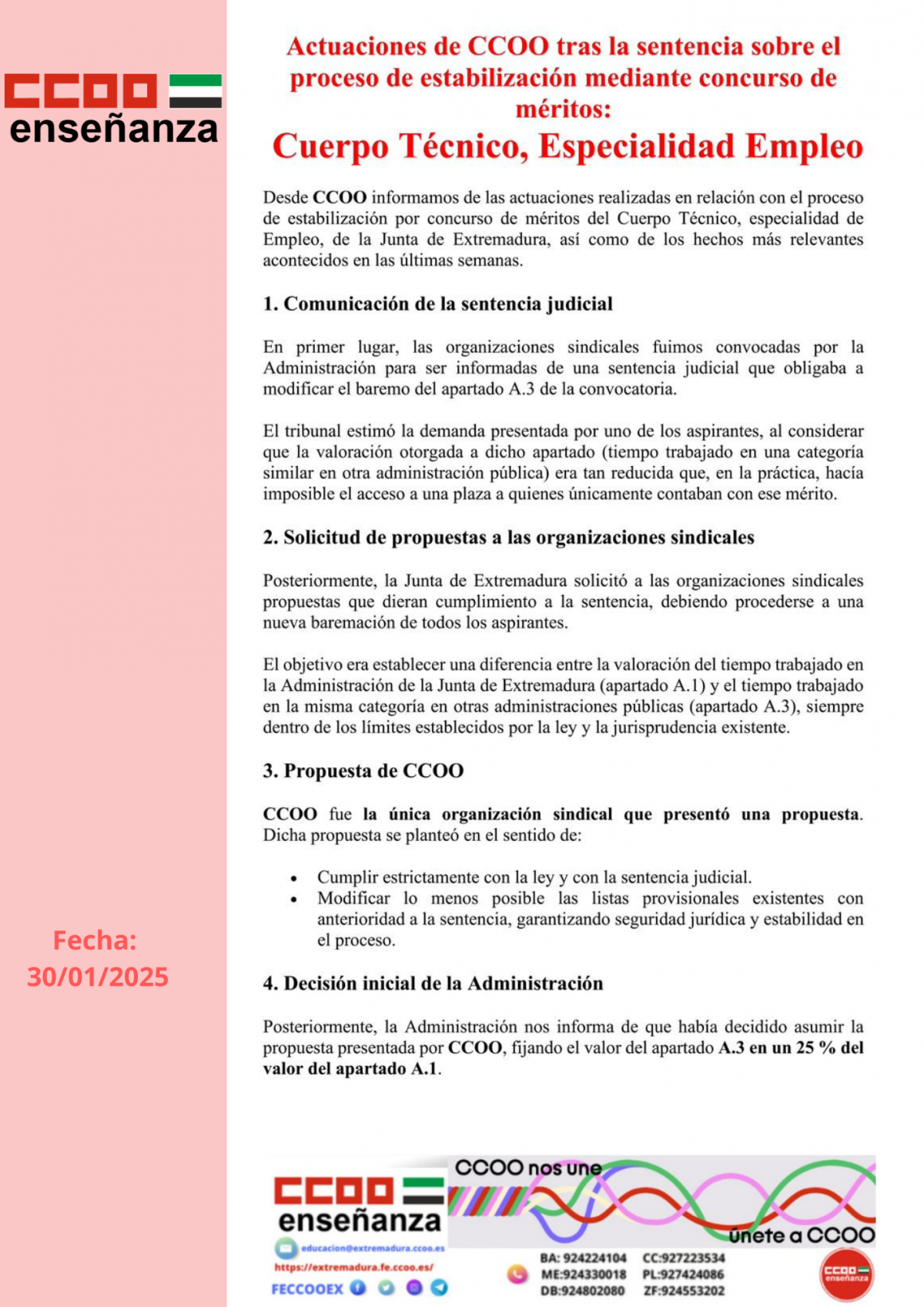 Actuaciones de CCOO tras la sentencia sobre el proceso de estabilización mediante Concurso de Méritos del Cuerpo Técnico, especialidad empleo