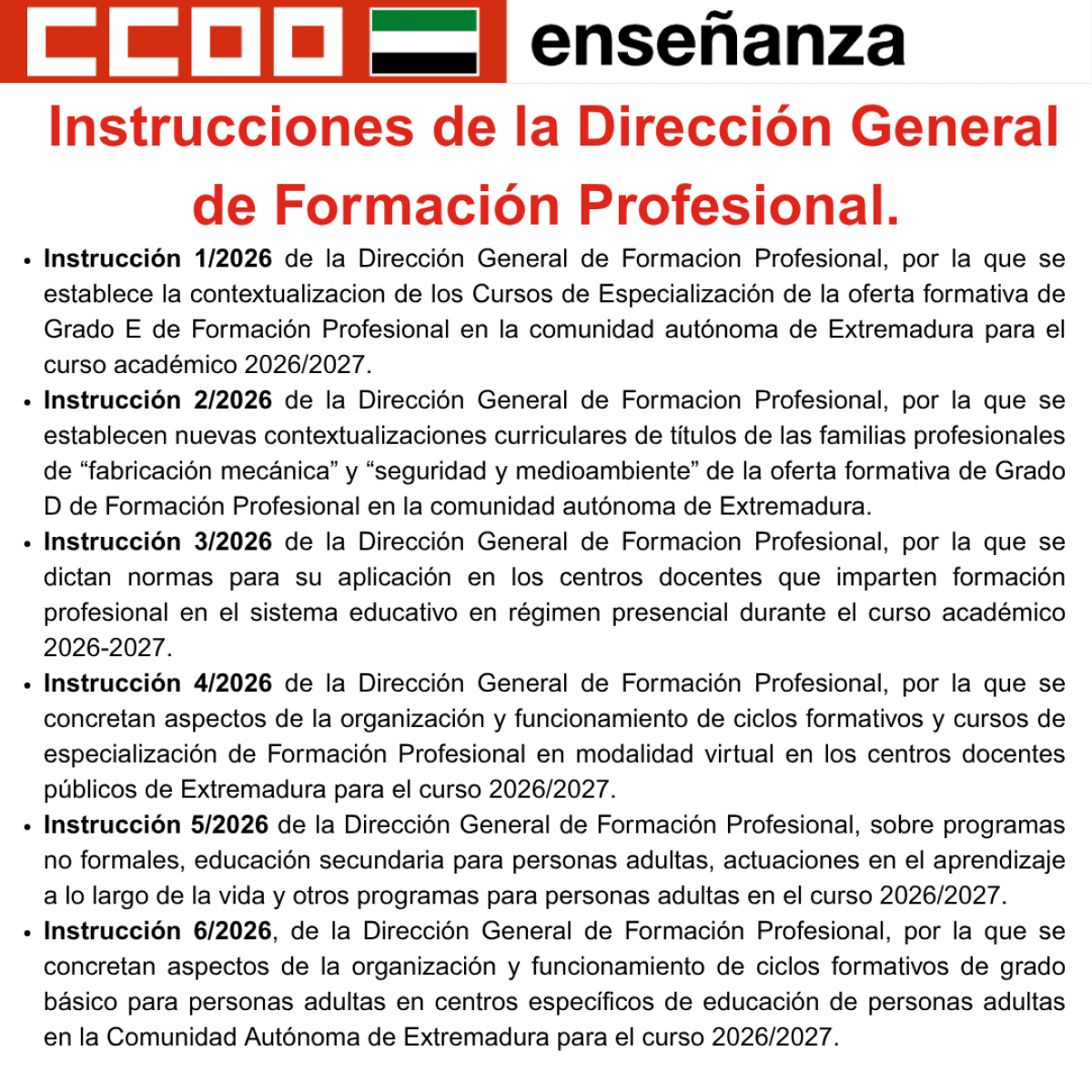 Instrucciones de la Dirección General de Formación Profesional.