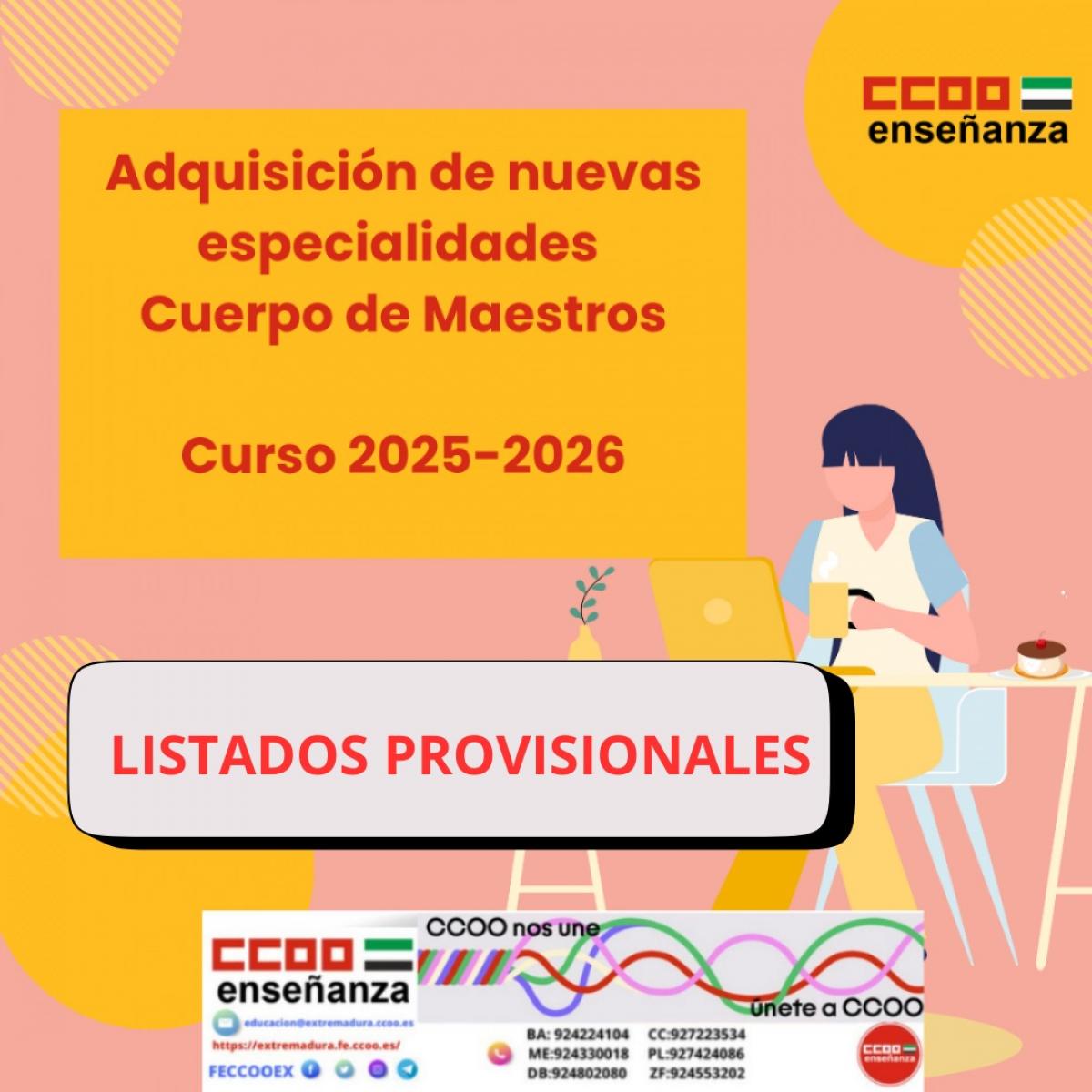Adquisición de nuevas especialidades MAESTROS. Listados provisionales