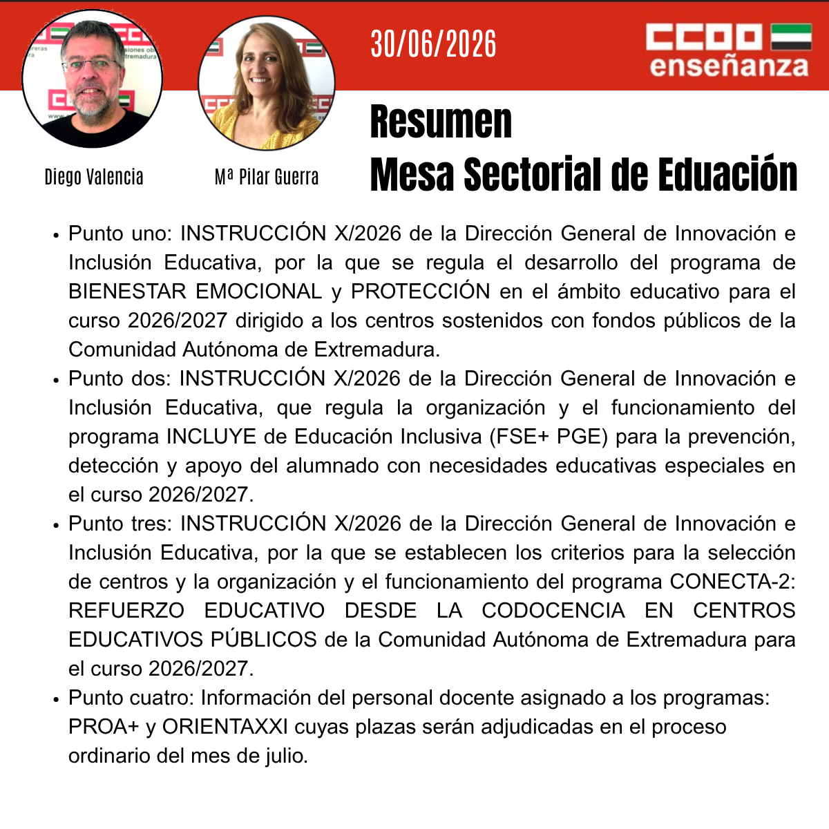 RESUMEN DE CCOO PARA LA MESA SECTORIAL DE 30-06-2026