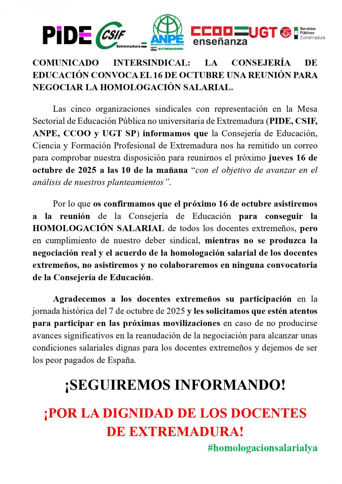 Comunicado intersindical 10/10/2025 Homologación salarial