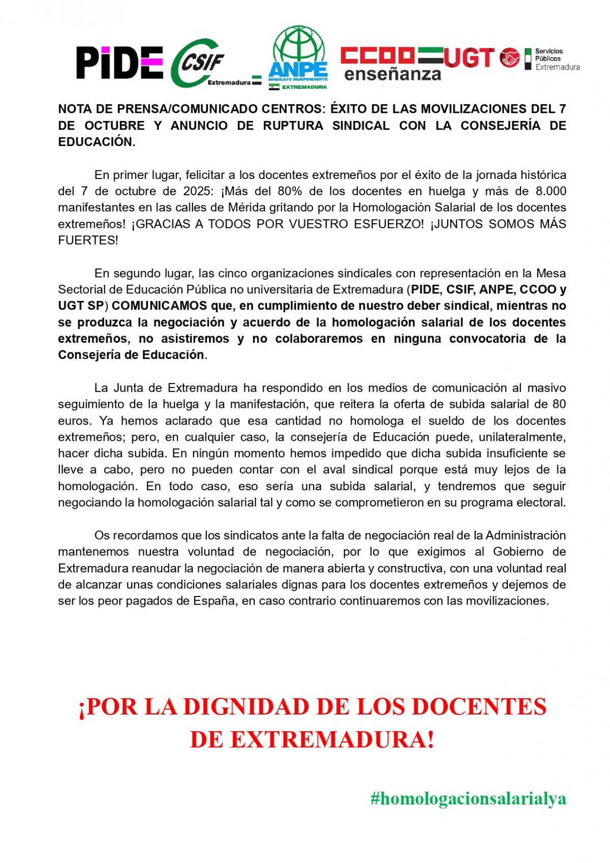 NOTA DE PRENSA 9/10/2025 ÉXITO DE LAS MOVILIZACIONES DEL 7 DE OCTUBRE Y ANUNCIO DE RUPTURA SINDICAL CON LA CONSEJERÍA DE EDUCACIÓN