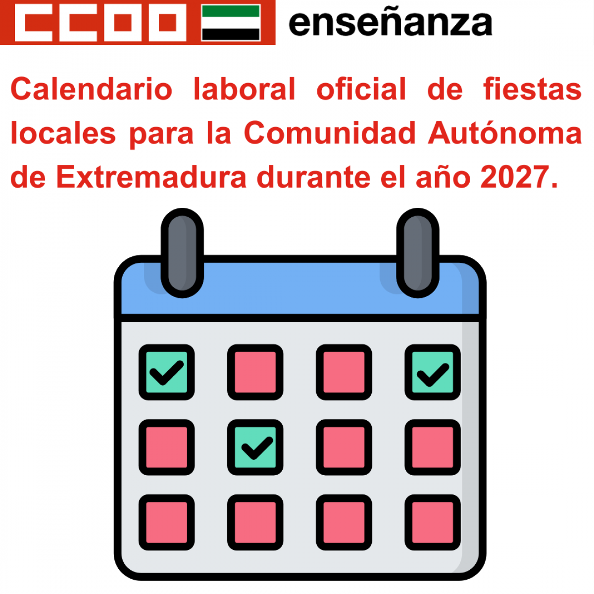 Calendario laboral oficial de fiestas locales para la Comunidad Autónoma de Extremadura durante el año 2027.