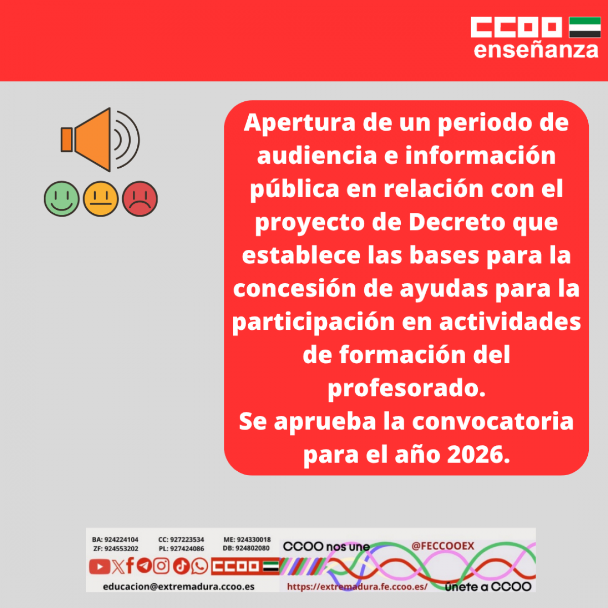 Apertura de un periodo de audiencia e informaición pública par el Decreto que establece las bases para la concesión de ayudas para la participación en actividades de formación del profesorado. Se aprueba la convocatoria para el 2026
