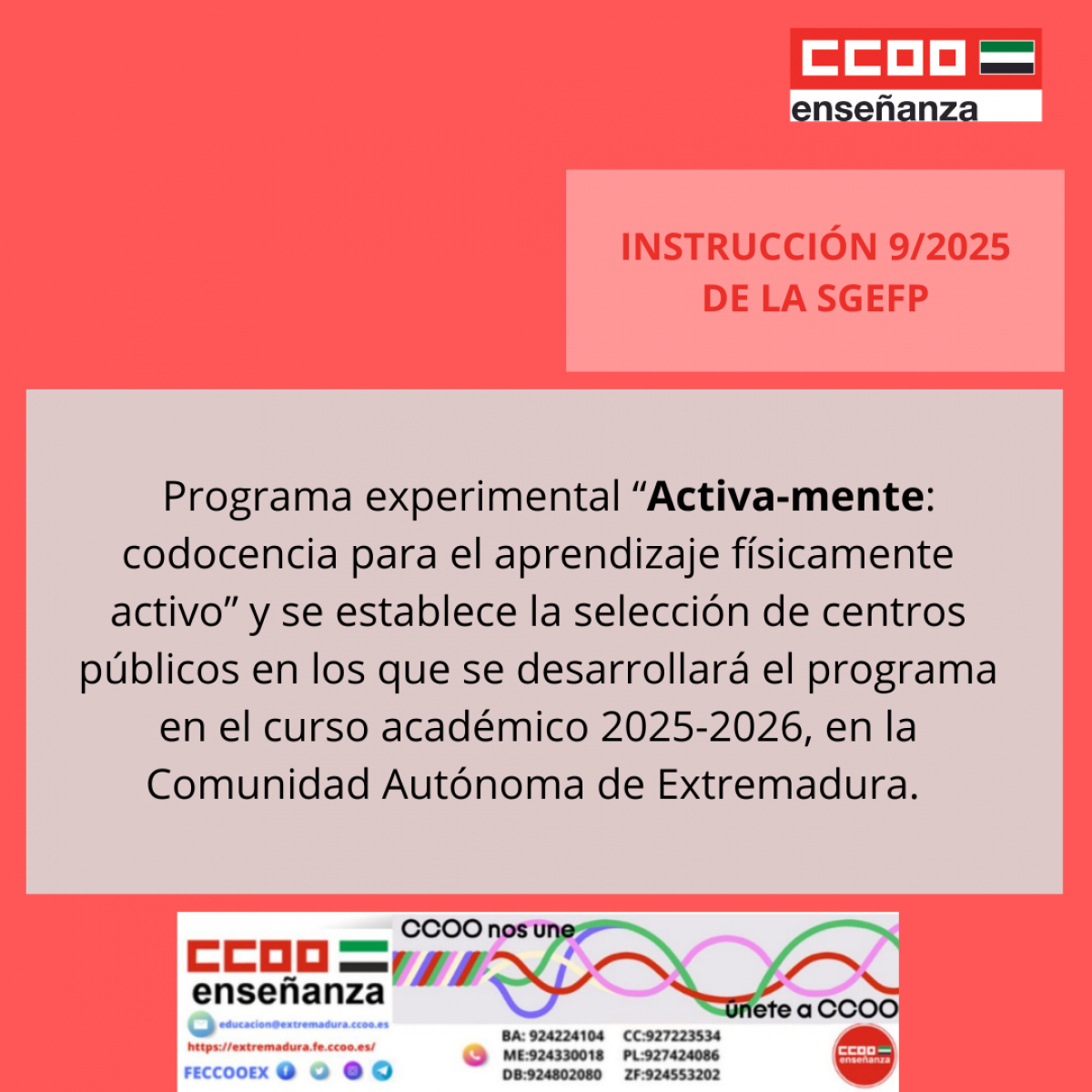 Instruccin n 9/2025 de SGEFP que se regula el programa experimental Activa-mente":codocencia para el aprendizaje fsicamente activo