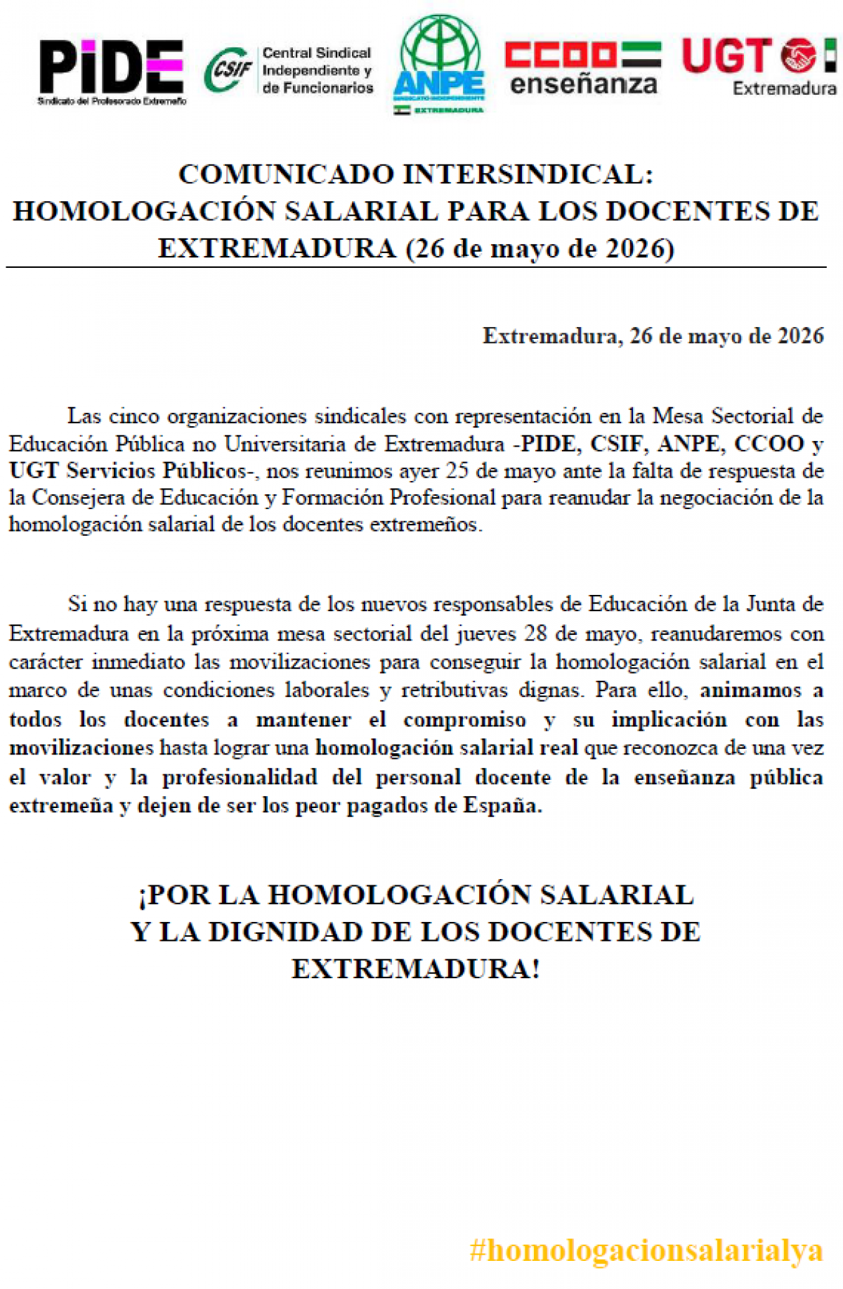 COMUNICADO INTERSINDICAL: HOMOLOGACIÓN SALARIAL PARA LOS DOCENTES DE EXTREMADURA