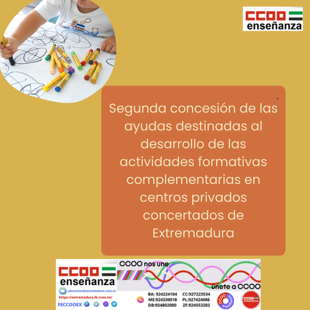 Segunda concesión de las ayudas destinadas a la financiación del desarrollo de las actividades formativas complementarias en centros privados concertados de Extremadura