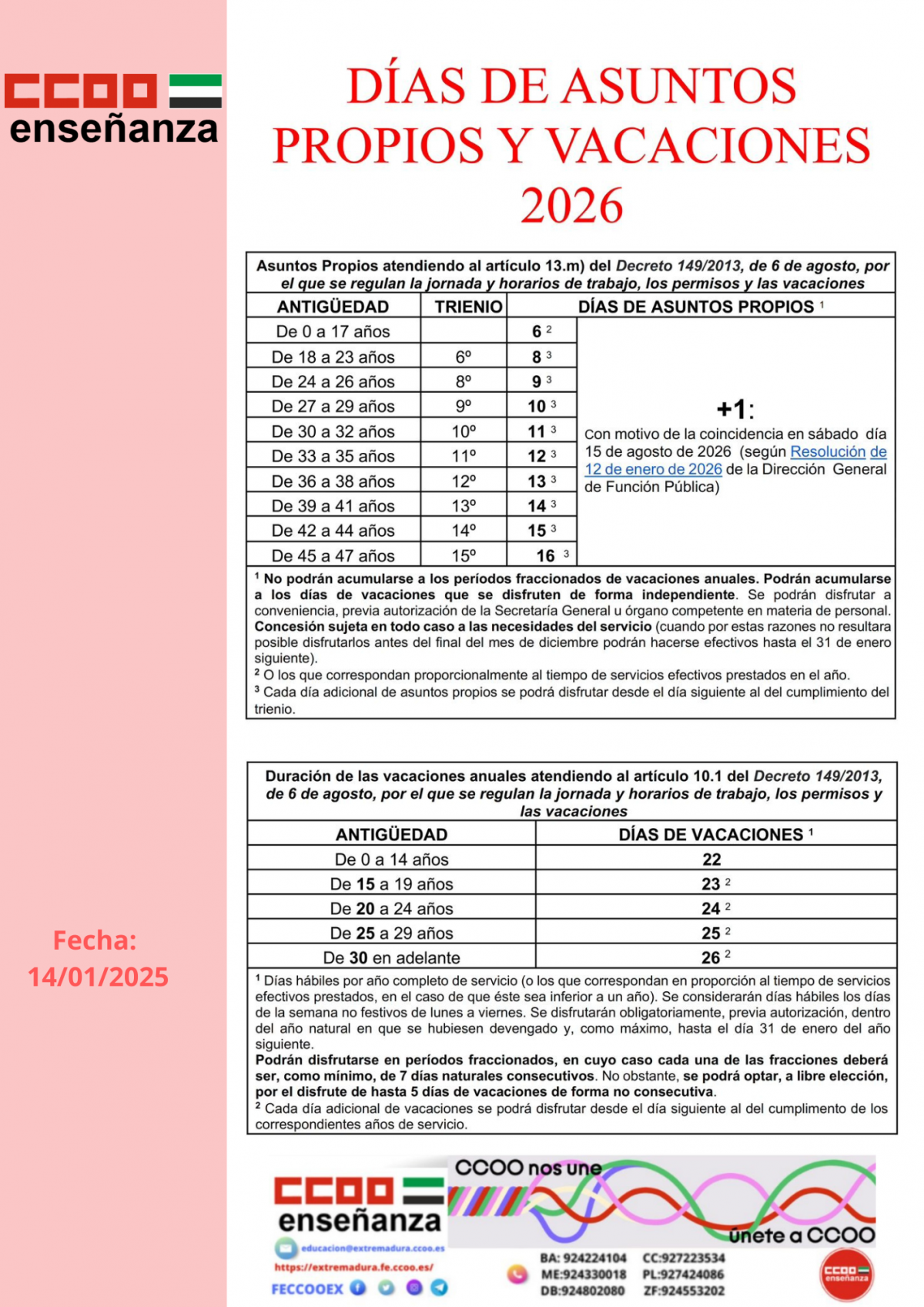 Dias de asuntos propios y vacaciones 2026