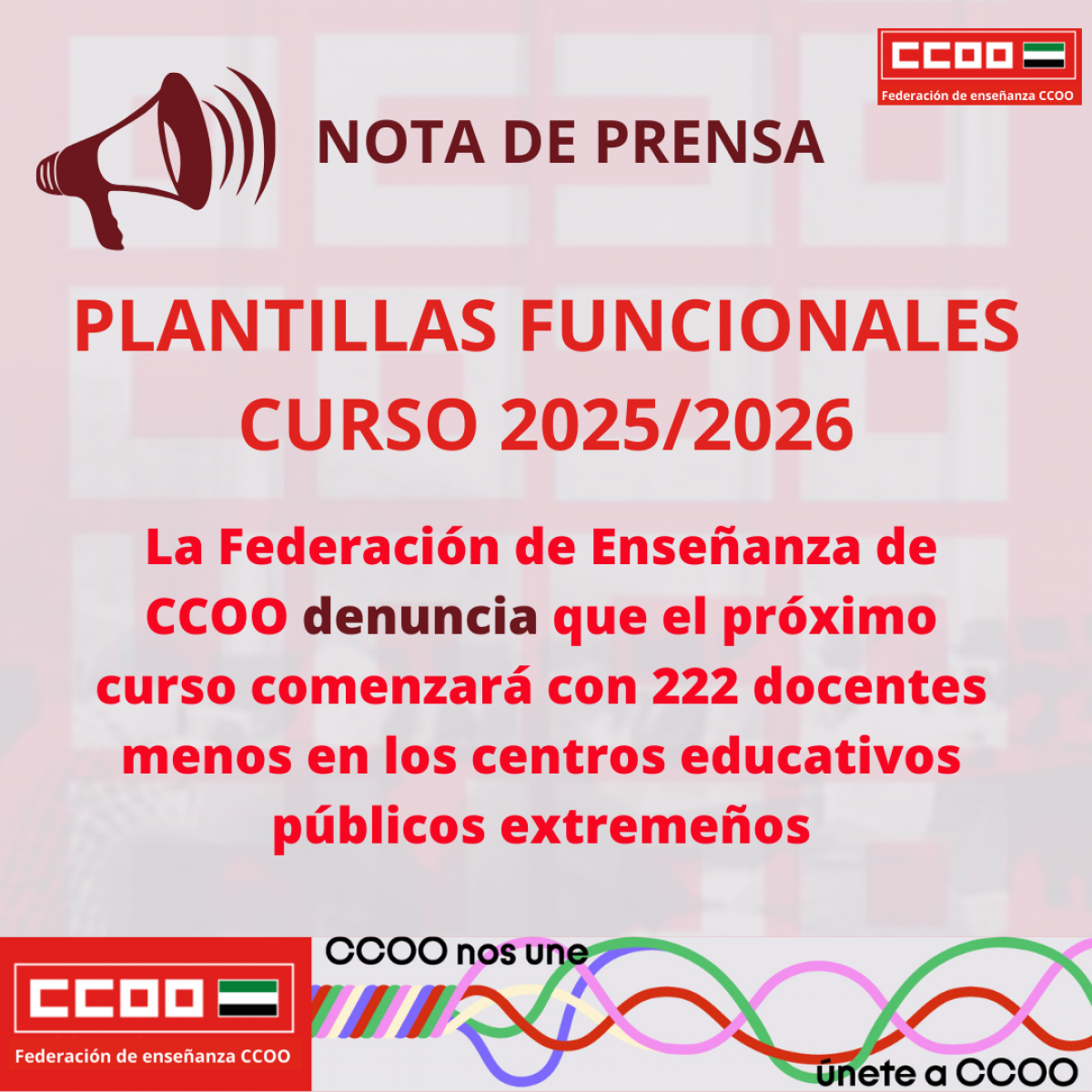 FECCOOEx Denuncia el recorte de plantilla para el curso 2025/2026
