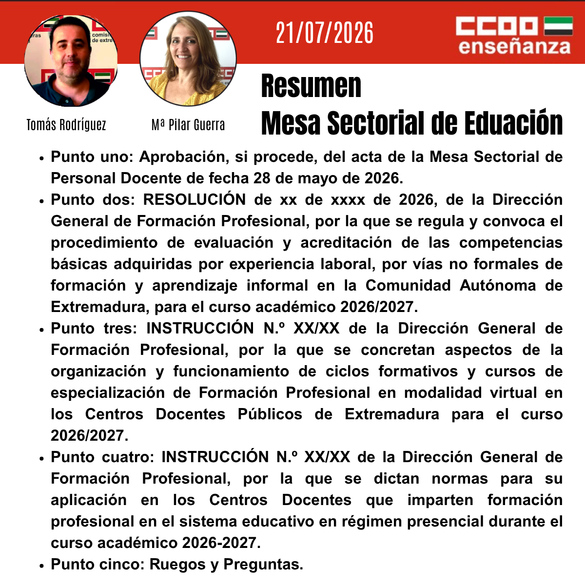 RESUMEN DE CCOO DE LA MESA SECTORIAL DE 21-07-2026