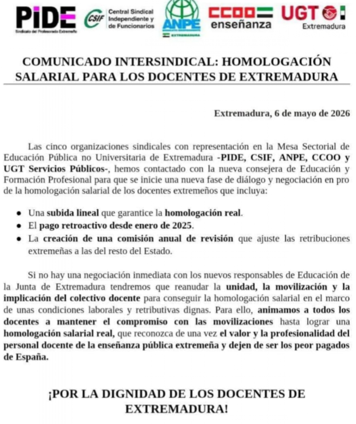 COMUNICADO INTERSINDICAL: HOMOLOGACIÓN SALARIAL PARA LOS DOCENTES DE EXTREMADURA