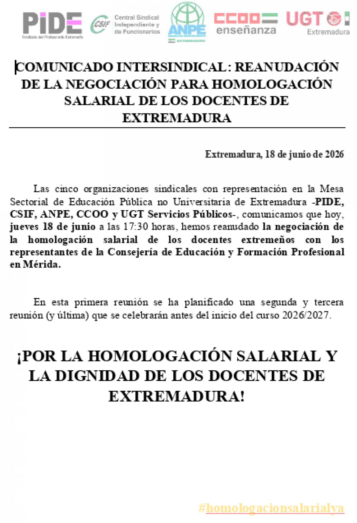 COMUNICADO INTERSINDICAL: REANUDACIÓN DE LA NEGOCIACIÓN PARA HOMOLOGACIÓN SALARIAL DE LOS DOCENTES DE EXTREMADURA