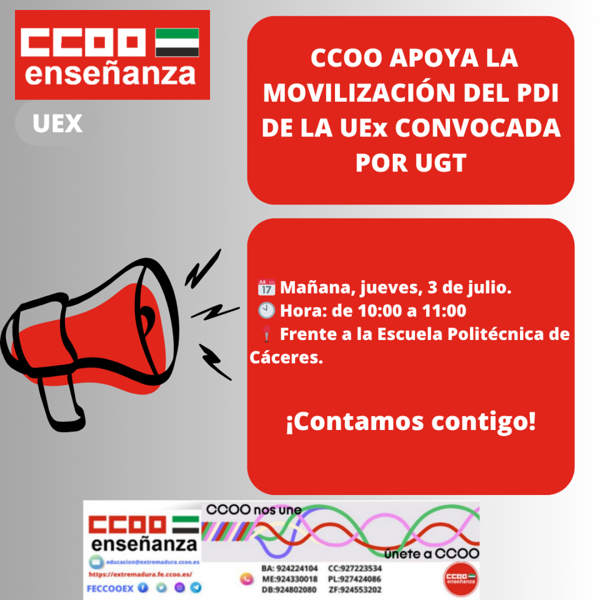 CCOO Apoya movilizacion pdi uex convocada por UGT