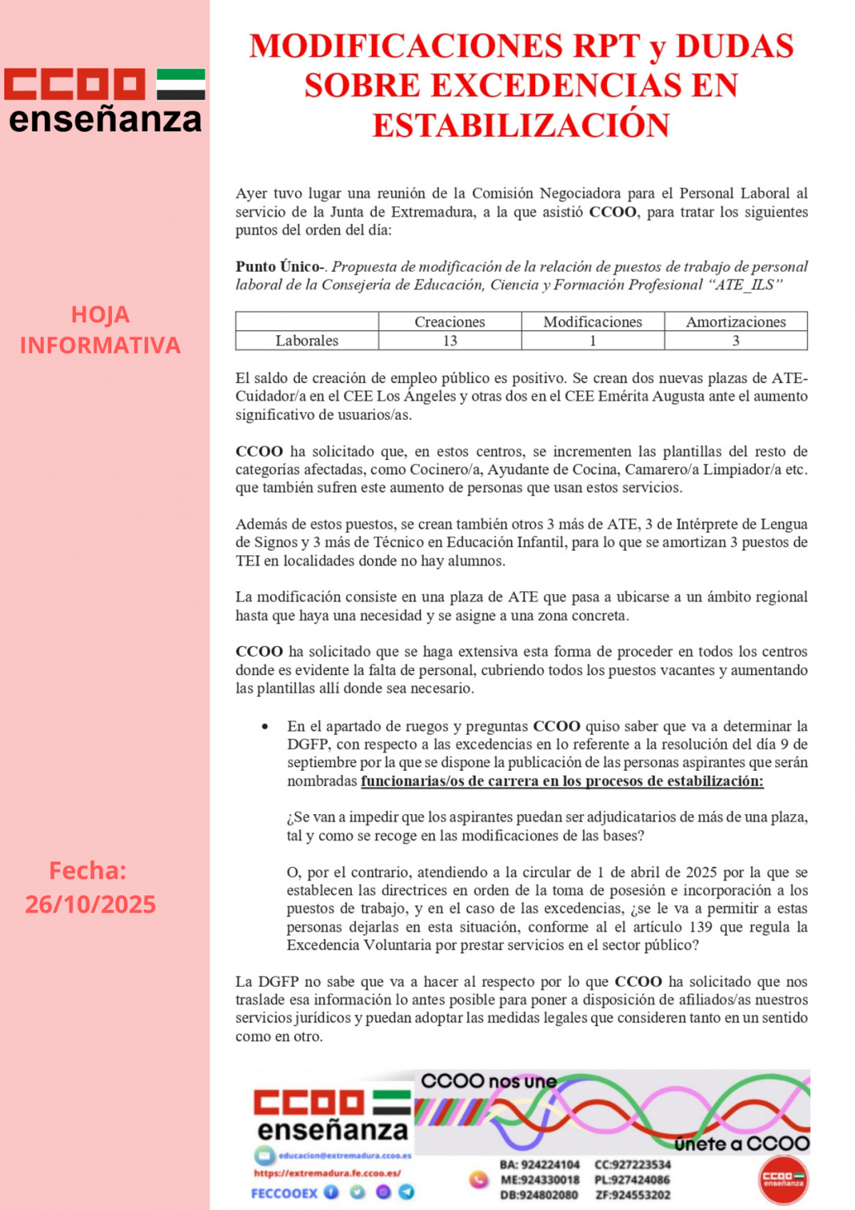 Modificaciones RPT y dudas sobre Excedencias en estabilización