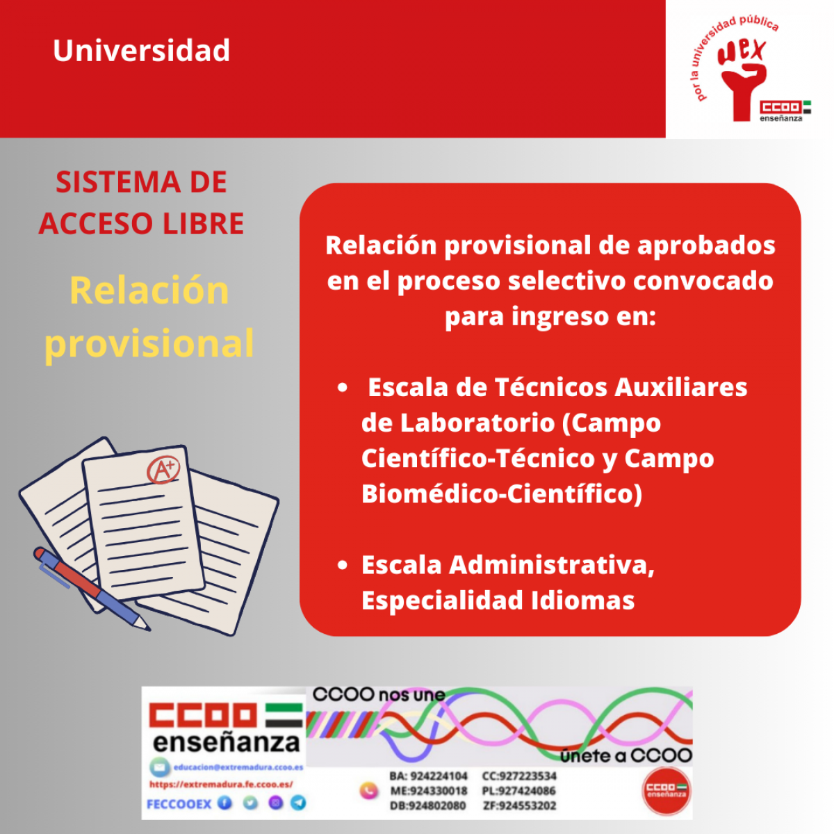 Relación provisional de aprobados sistema acceso libre UEX