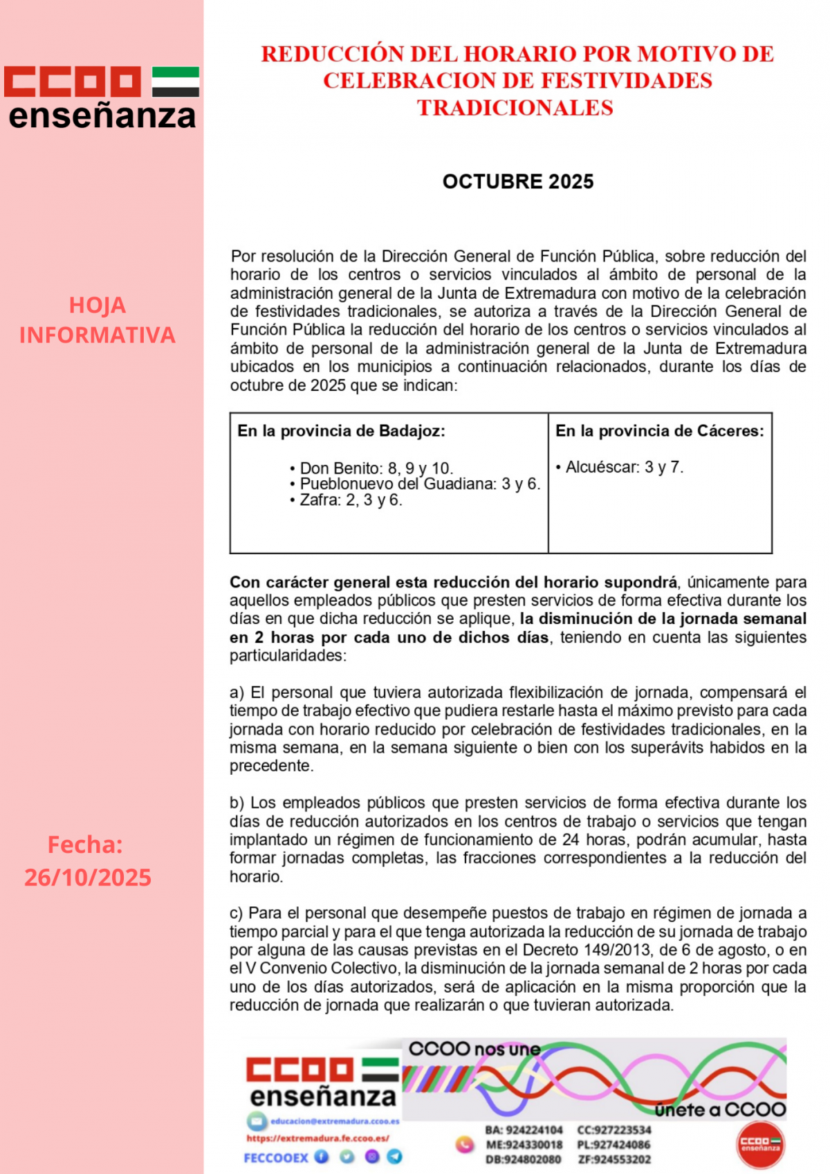 Reduccion horaria festvidades tradicionales
